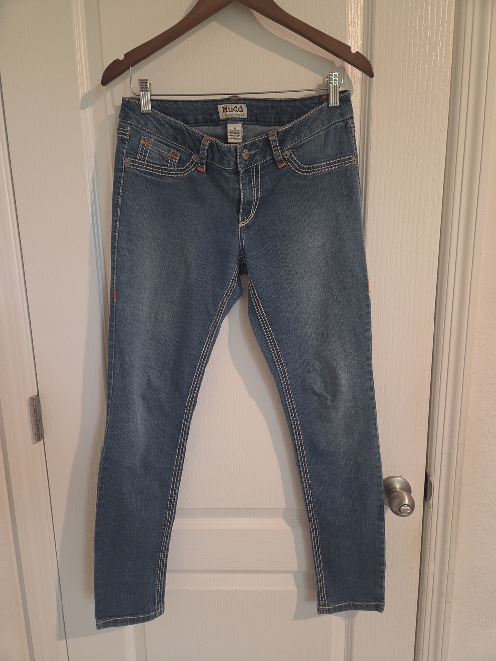 Mudd Skinny Jeans Womens 9 Medium Wash Thick Stitch Orange Bar Tack Y2K Low Rise